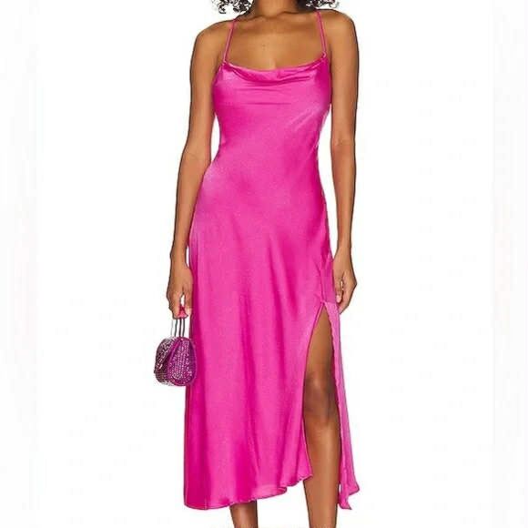 House of Harlow 1960 Barbiecore Strappy Pink Satin Midi Dress with Slit M